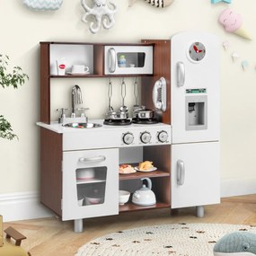 Costway Set di cucina giocattolo per bambini con suoni e luci realistiche, Cucina giocattolo in legno con fornelli Marrone