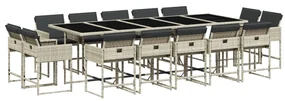 Set da pranzo da giardino 15 pz con cuscini grigio polyrattan