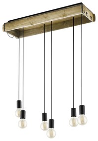 Lampadario A Sospensione Vintage Wootton Metallo Nero Legno 6 Luci E27