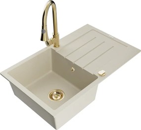 Mexen Bruno lavello da cucina in granito a 1 vasca con gocciolatoio e rubinetto da cucina Elia, beige - 6513-69-670101-50
