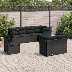 Set divani da giardino con cuscini 8 pz nero in polyrattan