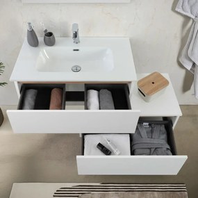 Mobile bagno sospeso 80 cm bianco e rovere con cassetto sfalsato Kleo