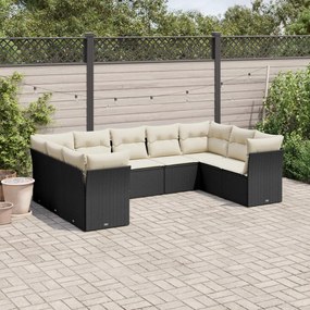 Set divani da giardino 9 pz con cuscini nero in polyrattan