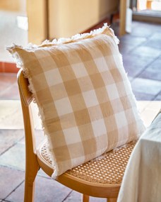Kave Home - Fodera cuscino Dawa in cotone e lino a quadretti bianchi e beige 45 x 45 cm
