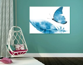 Stampa su tela – Piuma con farfalla in blu