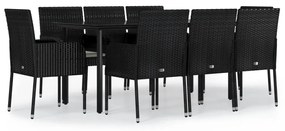 Set da pranzo da giardino 9 pz con cuscini nero in polyrattan