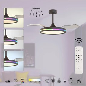 Ventilatore da soffitto LED Rafaga pale retrattili trasparenti, struttura nero ø 106 cm, silenzioso con telecomando MANTRA