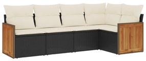 Set divani da giardino 5 pz con cuscini in polyrattan nero