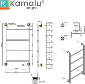 Termoarredo scaldasalviette 900x560mm colore bianco opaco KAM-D6009B - KAMALU