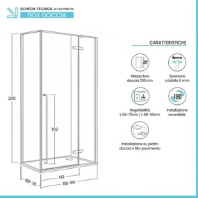 Box doccia angolare 70x90 con porta battente cristallo trasparente e profili cromati Nylo