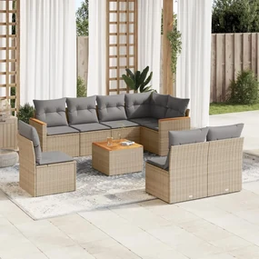 Set divano da giardino 9 pz con cuscini beige in polyrattan