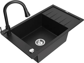 Mexen Elias lavello da cucina in granito 1-vasca con scolapiatti e rubinetto cucina Elia, nero - 6511-77-670101-70