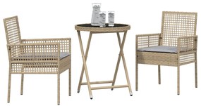 Set bistro da giardino a 3 pezzi con cuscini beige in polyrattan