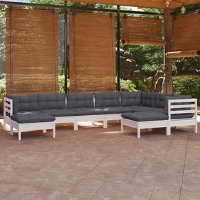 Set divani da giardino 9 pz con cuscini bianchi legno di pino