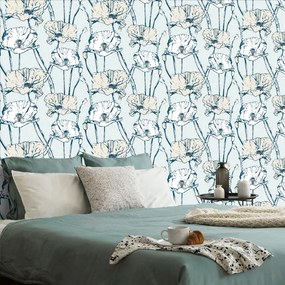 Carta da parati – Papaveri fioriti in versione blu-beige