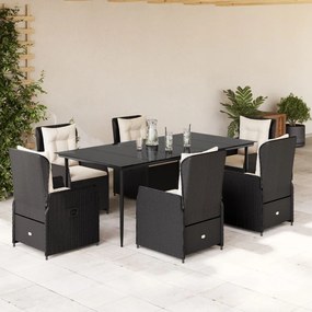 Set da pranzo da giardino 7 pz nero con cuscini in polyrattan