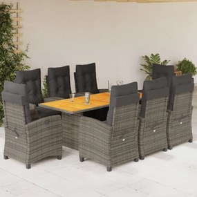 Set da pranzo da giardino 9 pz con cuscini in polyrattan grigio