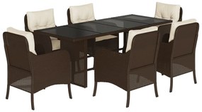 Set da pranzo da giardino 7pz con cuscini in polyrattan marrone