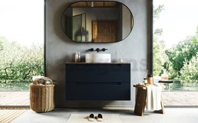 Mobile bagno blu notte 100x45 Mango due cassetti soft close con top quercia e lavabo tondo da appoggio in ceramica lucida