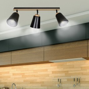 Plafoniera Faretti Spot Orientabili 3 Luci Xiwangmu Acciaio Nero E Legno Naturale