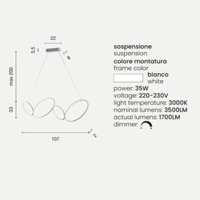 Lampada a sospensione Led RICE 107 cm in metallo e diffusore in acrilico Bianco
