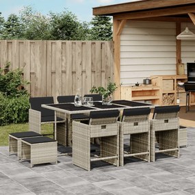 Set pranzo giardino 11pz con cuscini grigio chiaro polyrattan