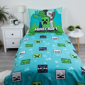 Set copripiumino e federa da bambini verde/blu in cotone per letto singolo 140x200 cm Minecraft "Mobs Here" – Jerry Fabrics