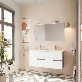Composizione Eva sospeso L 120 x P 44 x H 50 cm, con due cassetti, Noce Americano e Bianco Lucido, lavabo in ceramica, specchiera e lampada LED