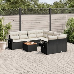 Set divani da giardino 9 pz con cuscini nero in polyrattan