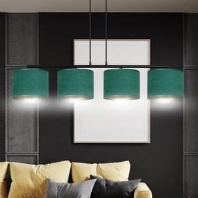 Lampadario 4 Luci Ganesha In Acciaio Nero E Paralumi In Tessuto Verde