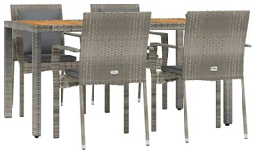 Set da pranzo da giardino 5 pz con cuscini in polyrattan grigio