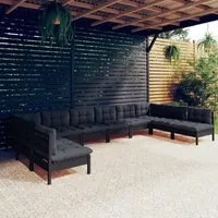 Set Divani da Giardino 10 pz con Cuscini Neri Massello di Pino 3097191