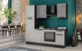 Cucina montata Dora bianco e grigio chiaro, lavello a destra , L 225 cm, completa di: cappa a camino, piano cottura a gas, forno e frigorifero