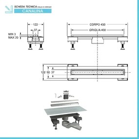 Canalina doccia 40 cm in alluminio reversibile scarico centrale, sifone e piletta inclusi