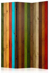 Paravento Arcobaleno di legno (3 parti) - strisce colorate su tavole