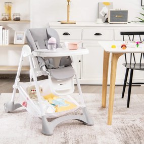 Costway Seggiolone per bambini con 2 ruote e vassoio rimovibile, Seggiolone pieghevole con cuscino smontabile Grigio