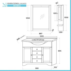 Mobile bagno a terra 105 cm noce con specchio lampada e pensile Romantica
