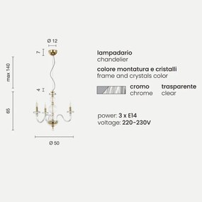 Lampada a sospensione BACH senza paralume in vetro trasparente 3 LUCI CROMO