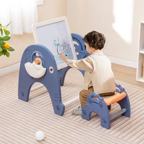 Costway Set cavalletto e sgabello per bambini con mattoncini da costruzione, Tavolo convertibile per attività a doppia faccia