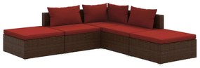 Set divani da giardino 5 pz con cuscini in polyrattan marrone