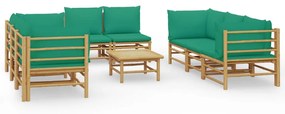 Set Salotto da Giardino 9pz con Cuscini Verdi Bambù