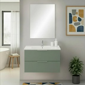 Mobile bagno sospeso 80cm verde opaco con cassetti lavabo e specchio Elva