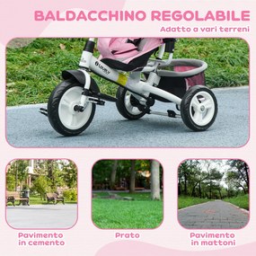 Triciclo per Bambini 1-5 Anni 102x49x102 cm con Maniglione e Tettuccio Regolabile Bianco e Rosa...