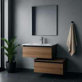 Mobile Bagno Sospeso Sfalsato 80 Cm Due Cassetti Specchio a Filo 80x60 Cm Feridras "Revital" Ossido Grigio/Noce Canaletto