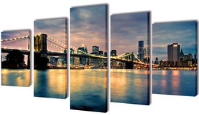 5 pz Set Stampa su Tela da Muro Vista sul Ponte di Brooklyn 100 x 50cm