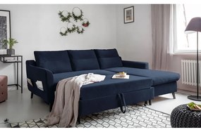 Divano letto angolare in velluto blu scuro, angolo destro Stylish Stan - Miuform