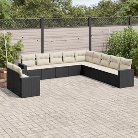 Set divani da giardino 11 pz con cuscini in polyrattan nero