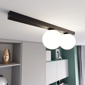 Plafoniera Moderna 2 Luci Giapeto Barra In Acciaio Nero E Sfere Di Vetro Opale