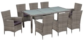 Set da pranzo da giardino 9 pz con cuscini in polyrattan grigio