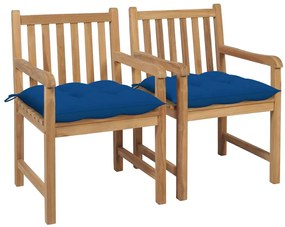 Sedie da giardino 2 pz con cuscini blu in massello di teak